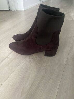 Women's Suede Ankle Boots in Dark Plum - Stretch Panel Design